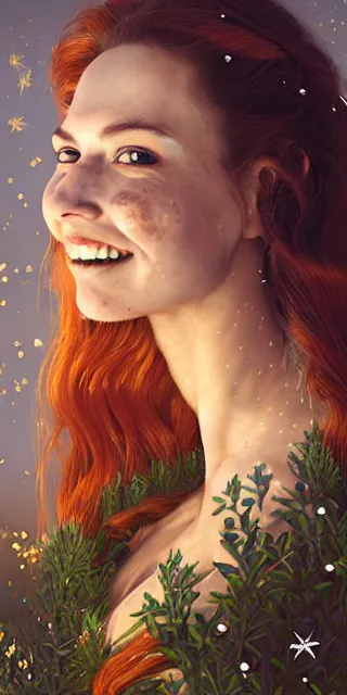 Image similar to fit woman, serene smile surrounded by golden firefly lights, amidst nature fully covered by a intricate detailed dress, long red hair, precise linework, accurate green eyes, small nose with freckles, smooth oval shape face, empathic, expressive emotions, spiritual scene, hyper realistic ultrafine art by artemisia gentileschi, jessica rossier, boris vallejo