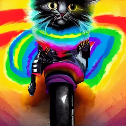 Image similar to wide angle full body, jacket wearing fluffy cute rainbow kitten wearing a black leather motorcycle jacket, cinematic concept art