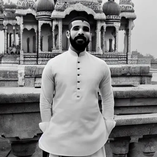 Prompt: drake, hindu temple in background, wearing a silk kurta, photograph