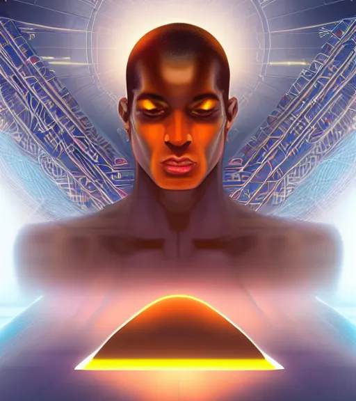 Prompt: symmetry!! egyptian god of technology, solid cube of light, hard edges, product render retro - futuristic poster scifi, lasers and neon circuits, beautiful brown skin god egyptian god, intricate, elegant, highly detailed, digital painting, artstation, concept art, smooth, sharp focus, illustration, dreamlike, art by artgerm