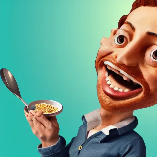 Prompt: Detailed shrunken man on a gigantic spoon, going towards the open mouth of a giant girl eating cereal, HD, 4k, detailed, trending on artstation