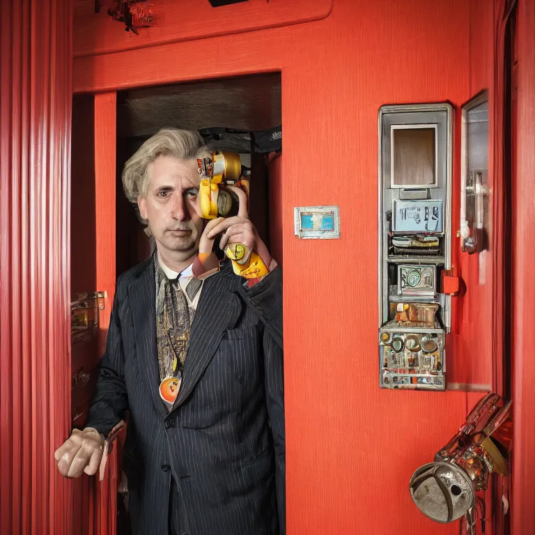 Prompt: professional octane render portrait by wayne barlow and carlo crivelli and glenn fabry, a sinister man in a bright colorful saturated wes anderson elevator operator costume inside a dark and moody vintage elevator in a high - end exotic vintage boutique hotel, very short depth of field, bokeh