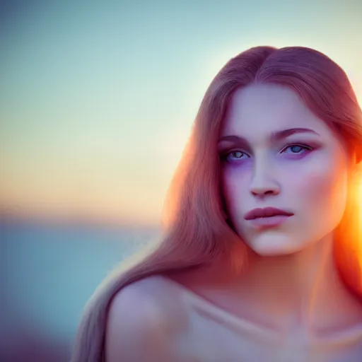 Image similar to photographic portrait of a stunningly beautiful renaissance female in soft dreamy light at sunset