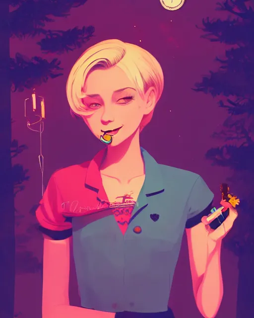 Image similar to digital illustration of pretty girl with short blonde hair hair, from alice in wonderland, smoking, happy eyes, smiling, in a wonderland forest, in junkyard at night, by ilya kuvshinov, lois van baarle, rossdraws, basquiat