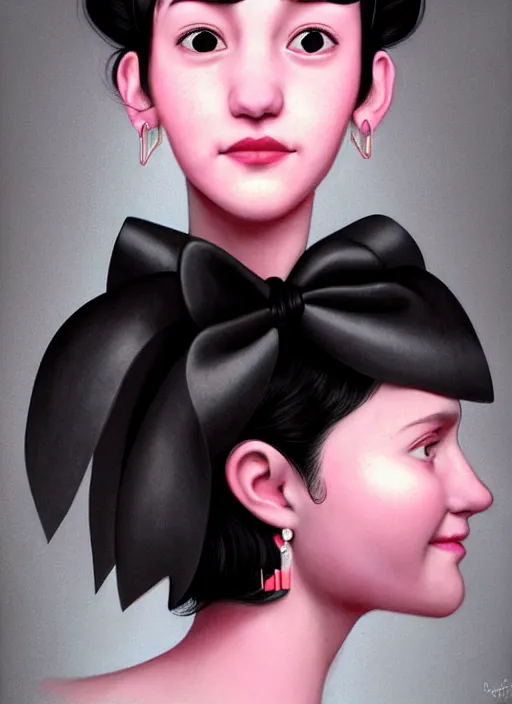 Image similar to portrait of high school girl, realistic, black hair, bangs, half updo hairstyle, pointy nose, skinny, smile, ugly, defined jawline, big chin, pink hair bow, earrings, intricate, elegant, glowing lights, highly detailed, digital painting, artstation, sharp focus, illustration, art by wlop, mars ravelo and greg rutkowski