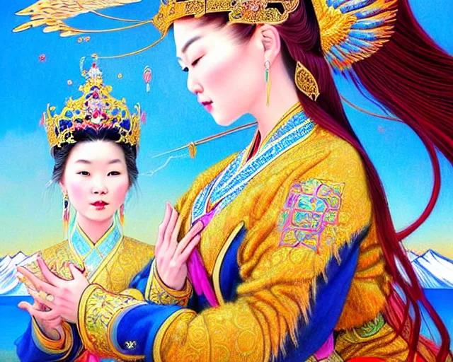 Image similar to portrait of a beautiful asian mongolian princess goddess spreading its wings, portrait of princess wearing a beautiful ornate crown, in the background lake baikal is seen, in the art style of bagshaw tom artgerm and bowater, charlie, by bagshaw tom, artgerm and bowater, charlie - - height 6 4 0