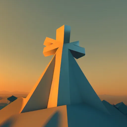 Prompt: isomorphic vector, low poly, white cross icon, on a hill, sunset background, cgsociety, volumetric lighting, artstationhq