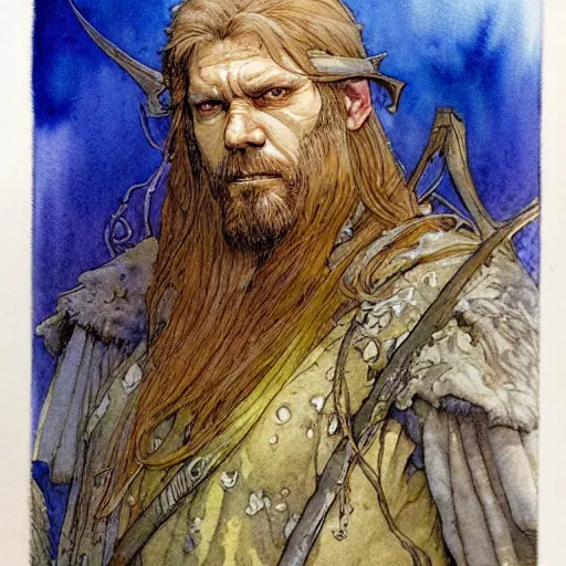 Image similar to a realistic and atmospheric watercolour fantasy character concept art portrait of paavo vayrynen as a druidic warrior wizard looking at the camera with an intelligent gaze by rebecca guay, michael kaluta, charles vess and jean moebius giraud