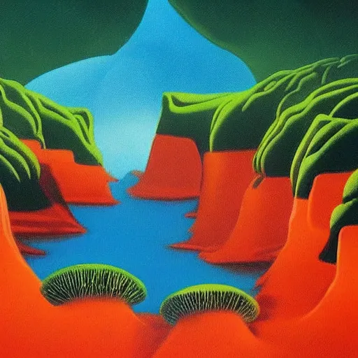 Prompt: painting of a lush natural scene on an alien planet by eyvind earle. magical realism. very detailed. beautiful landscape. weird vegetation. cliffs and water.