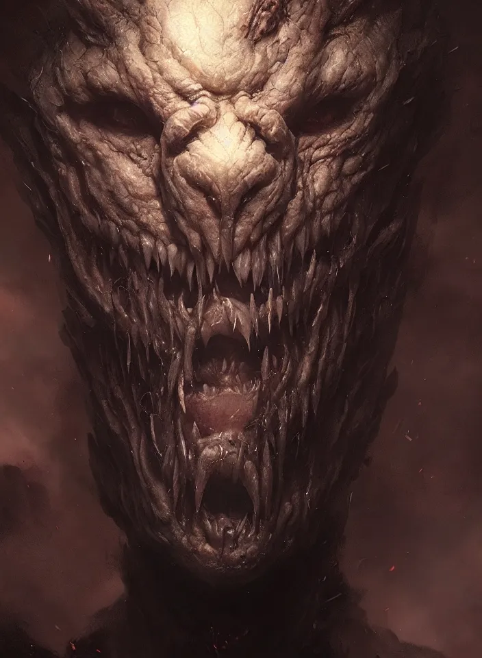 Image similar to a close portrait of a creature invoking fear, art by greg rutkowski, horror setting, dark lighting, matte painting, trending on artstation, very detailed