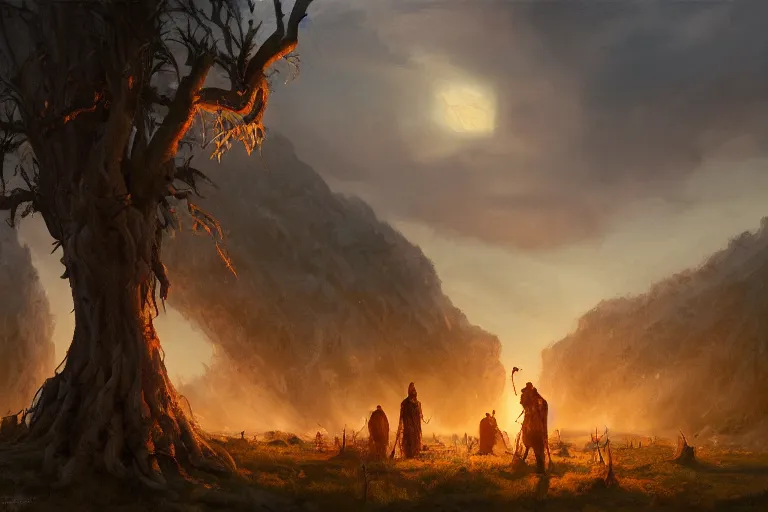 Prompt: medieval farmers uproot sacred groves to plant their crops. sunset lighting ominous shadows, cinematic fantasy painting, dungeons and dragons, jessica rossier and brian froud