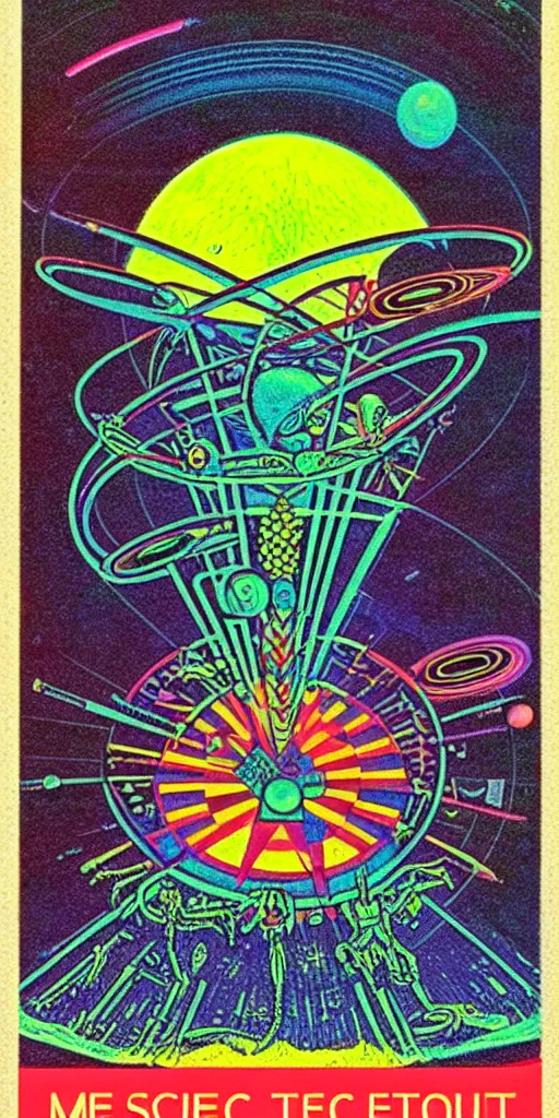 Image similar to 1968 science fiction tarot card, cut out collage, neon Aztec, spring on Saturn, epic theater, deep sea, mountain plants, drawings in part by moebius, part by Ernst Haekl, text by William S Boroughs, written by Michael Ende