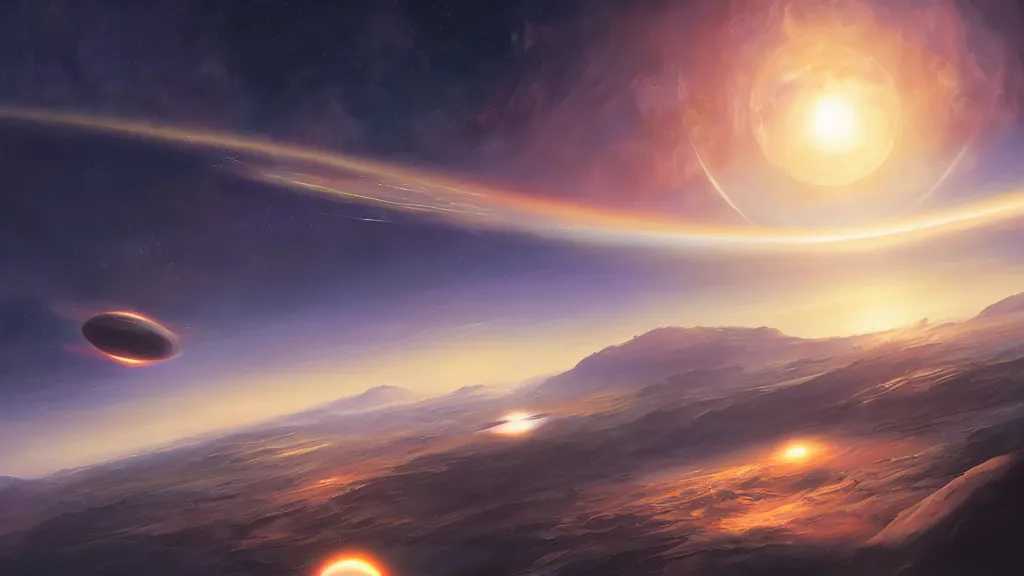 Prompt: A view from earth of three suns in the sky, art by Jessica Rossier,