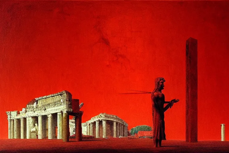 Image similar to only with red, caesar after war, the deal, a red tiger, in hoc signo vinces, rome in background, an ancient path, in the style of beksinski, part by hopper, part by rodcenko, part by hofbauer, intricate composition, red by caravaggio, insanely quality, highly detailed, masterpiece, red light, artstation