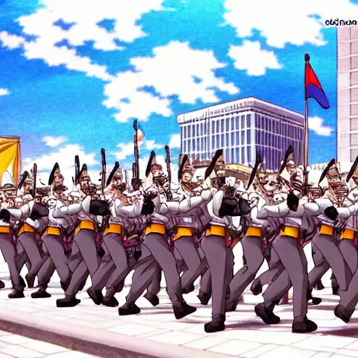 Image similar to anime art, army march in infinitia square in front of infinian de gowyernmentıa in government center during mother's day