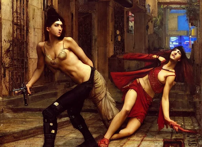 Image similar to Maria evades pvt griggs. Cyberpunk hacker escaping Cyberpunk cop. (police state, Cyberpunk 2077, blade runner 2049). Iranian orientalist portrait by john william waterhouse and Edwin Longsden Long and Theodore Ralli and Nasreddine Dinet, oil on canvas. Cinematic, vivid colors.