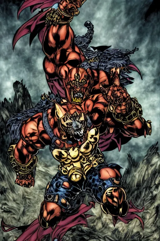 Prompt: A full body portrait of a new antihero character with a metal wolf mask art by Joe Madureira and Marc Silvestri, 4k, detailed, ominous, mysterious