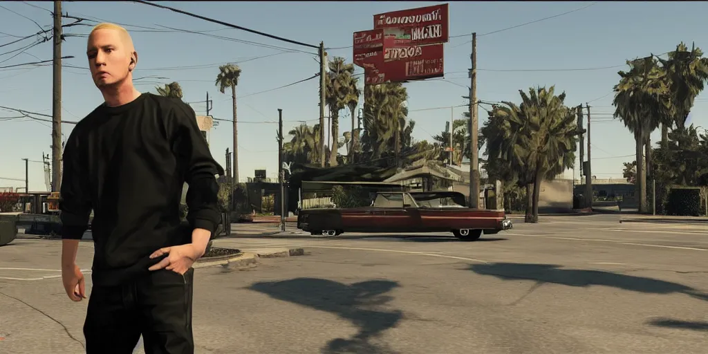 Image similar to eminem in gta v, cover art by stephen bliss, loading screen