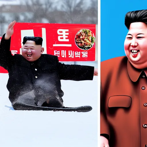 Image similar to kim jong - un sledding down a hill made out of poutine, shredded cheese falling from the sky,