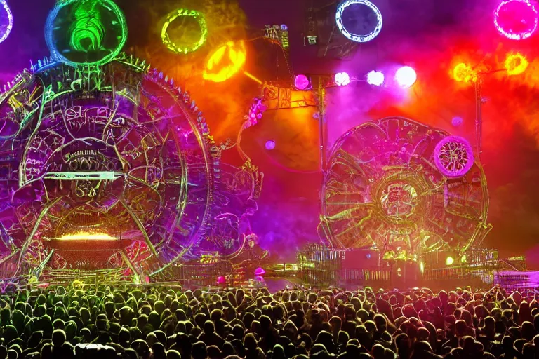 Image similar to an outdoor festival stage with audience, big 3 d letters tripmachine, center of the stage is a big futuristic steampunk machine with gears and belts and tubes, surrounded by big screens and loudspeakers, rock musicians on the stage, laser show, 8 k, fluorescent colors, halluzinogenic, multicolored, exaggerated detailed, unreal engine