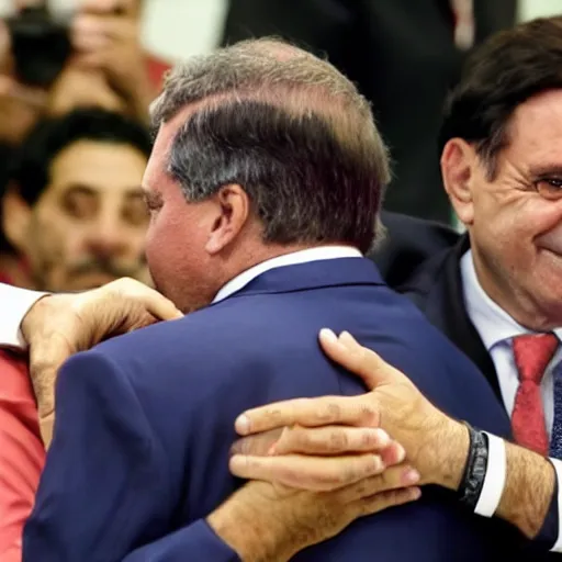 Prompt: Jair Bolsonaro hugging Luis Inacio Lula da Silva.