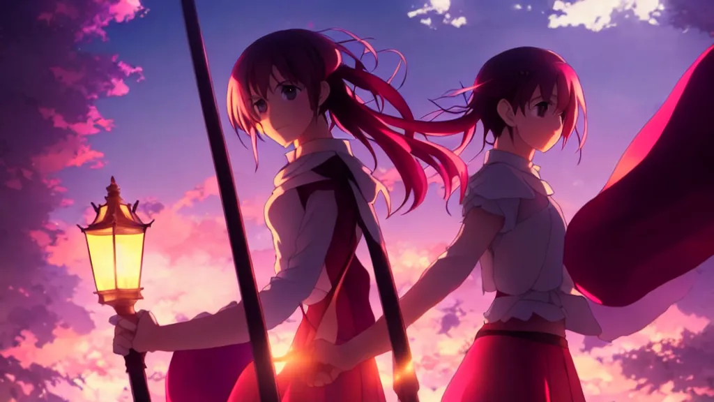 Image similar to emma watson in heavens feel movie, demon slayer, ufotable, kyoani, high quality, deviantart, under street lamp, on a street at night, fate stay night, unlimited blade works, greg rutkowski, high resolution, dynamic pose, close up, street clothes, action, anime, high angle, sakuga