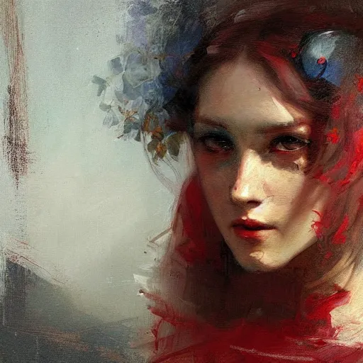 Image similar to Solomon Joseph Solomon and Richard Schmid and Jeremy Lipking victorian genre painting portrait painting of a young beautiful woman marverl DC comic book character fantasy costume, red background