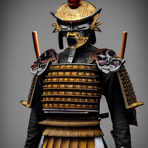 Image similar to Japanese Ersnt Junger wearing Samurai armor, realistic, photo studio, HDR, 8k, trending on artstation