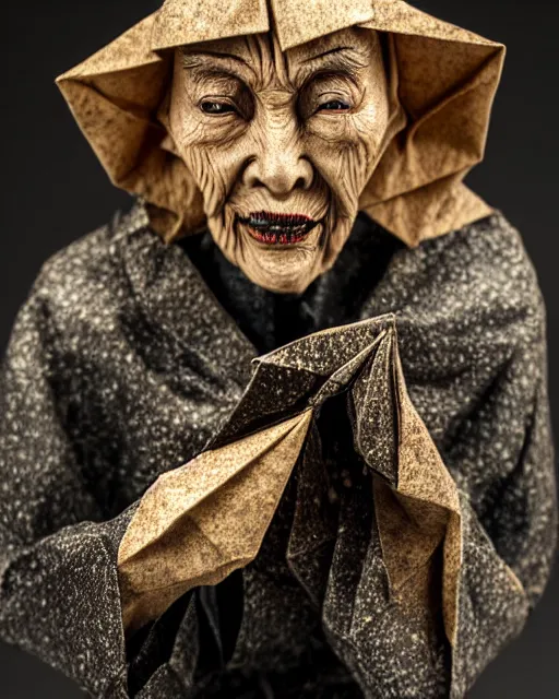 Image similar to an origami wrinkled old witch by akira yoshizawa, realistic, very detailed, complex, intricate, studio lighting, bokeh, sigma 5 0 mm f 1. 4