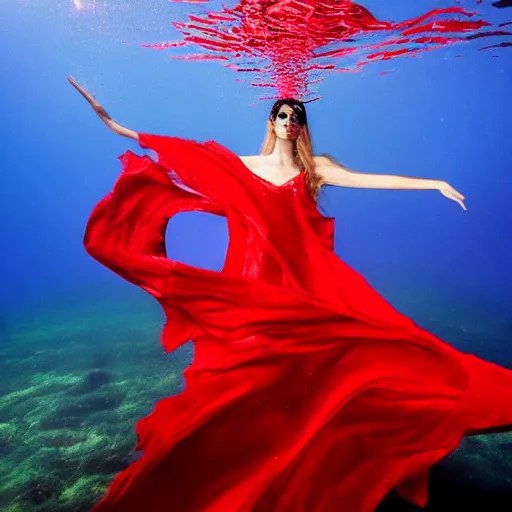 Image similar to beautiful portrait of fashion model in red silk underwater