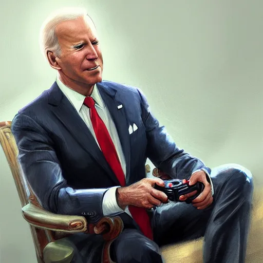 Prompt: portrait of a joe biden playing video games, elegant, highly detailed, oil painting, artstation, concept art, matte, sharp focus, illustration
