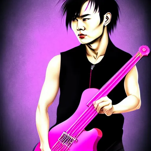 Prompt: short black haired chinese rocker guy with a stoic expression, wearing a black vest and playing a pink guitar, smoke in the background, full color digital illustration in the style of frank frazetta,, artgerm, artstation trending