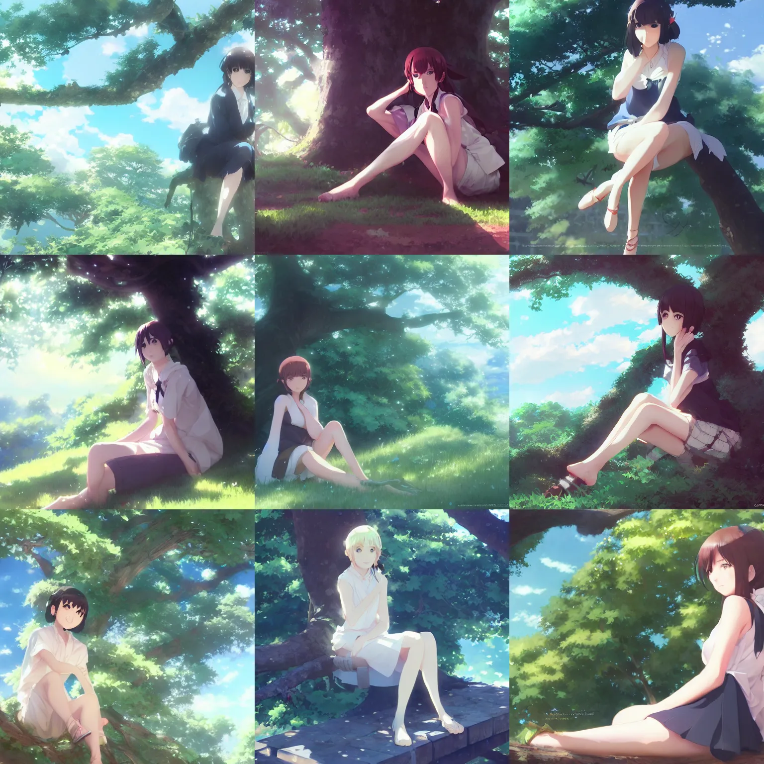 Prompt: pretty girl sitting in a tree, makoto shinkai, Krenz Cushart, very detailed, matte, tone mapping, bbwchan, 4K