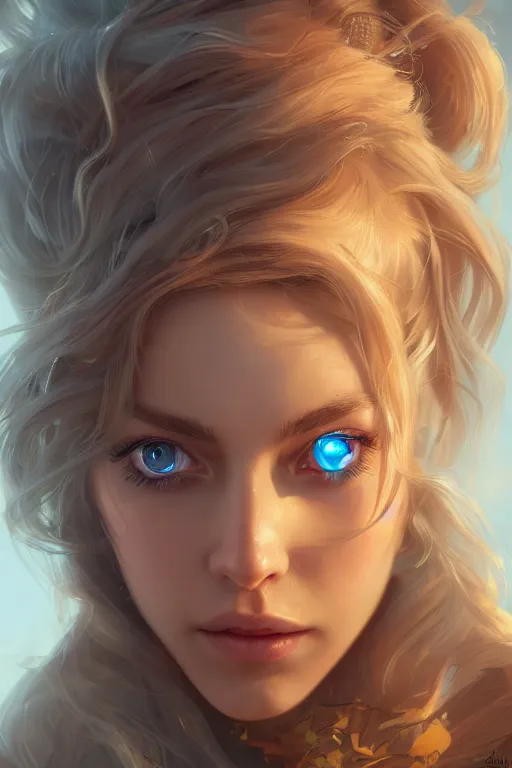 Image similar to an insanely detailed portrait of a beautiful woman facing you, highly detailed features, sparkling blue eyes, long eyelashes, long golden blonde hair, beautiful smile, in the style of peter mohrbacher, artgerm, dramatic lighting and composition, octane render, trending on artstation, concept art 8 k