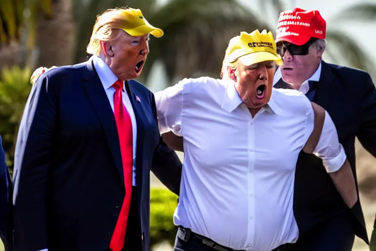 Prompt: Donald Trump arrested at Mar-a-Lago, photo, press, high quality