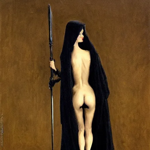 Prompt: Back view of the grim reaper as a beautiful woman, thin black lingerie, classy, long detailed ornate scythe, elegant, posing, vintage shading, award winning, by Ilya Repin, deviant art