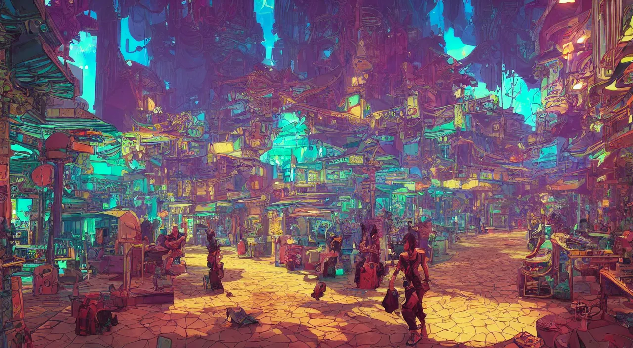 Image similar to bazaar zouk oriantal full color sky shine place mosquet painting stylized digital illustration video game icon global illumination ray tracing that looks like it is from borderlands and by feng zhu and loish and laurie greasley, victo ngai, andreas rocha, john harris