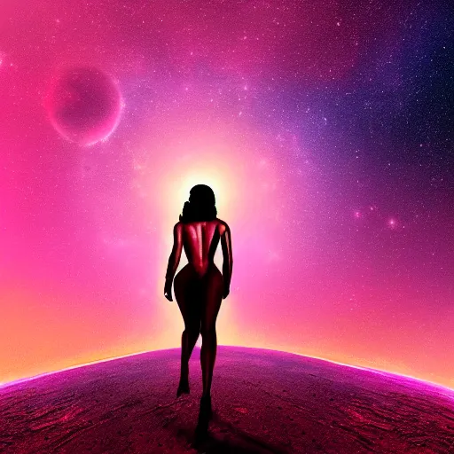 Image similar to A wide angle shot from below of a feminine body walking with swagger towards camera on mars in an infinite universe , synthwave digital art