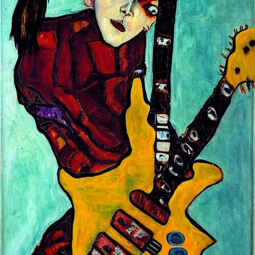 Image similar to Punk Punk Punk girl playing electric guitar, oil painting by Egon Schiele, masterpiece