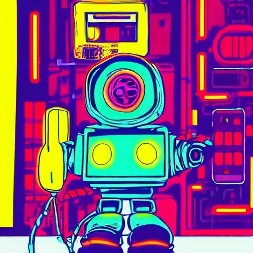 Prompt: robots need love too adorable cute cyberpunk street hustler mech-robot wearing walkman cyan and yellow colored paint oozing from mouth centre image cool street style relaxed pose Jamie Hewlett style moebius style pastel color style neon lights messy cables line drawing,