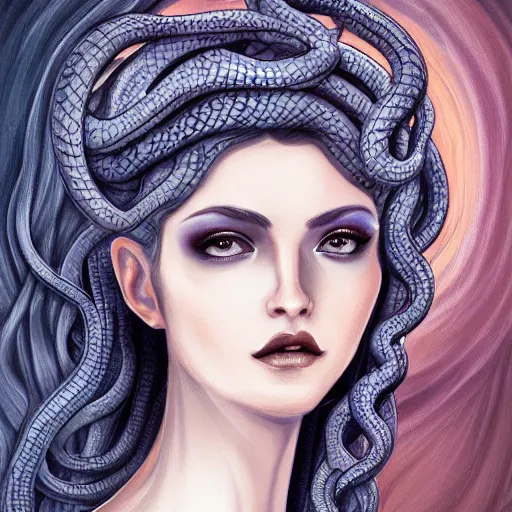 Prompt: character concept portrait of a beautiful woman with pale full face, medusa, snakes for hair, blue / grey eyes, intricate, elegant, digital painting, art nouveau, smooth, focus, rim light