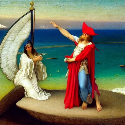 Prompt: An angel with jester hat and clothes on a greek circle archi on the front of a Balustrade with a beach and a sail boat on the background, major arcana cards, by paul delaroche and arnold böcklin hyperrealistic 8k, very detailed