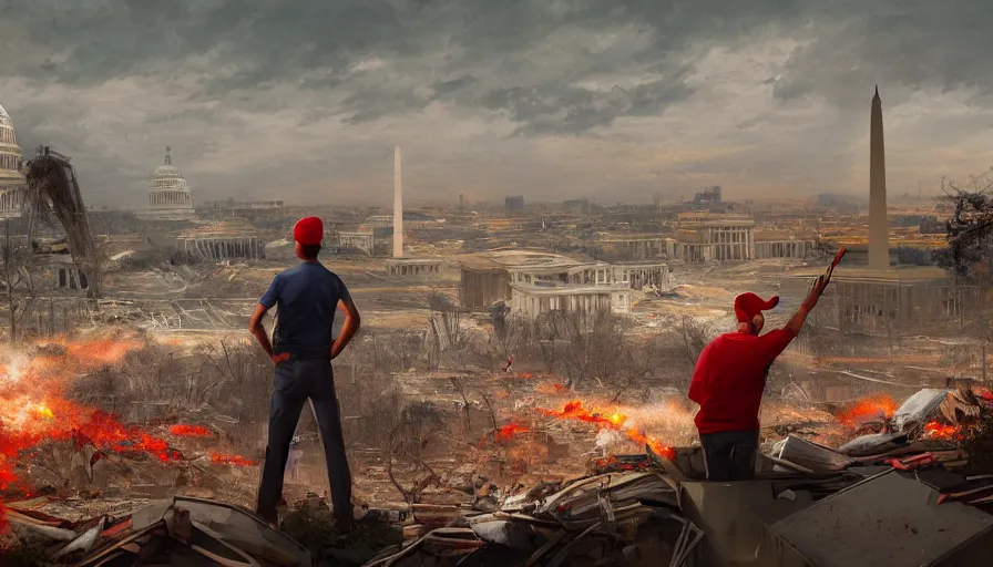 Image similar to father with shotgun and his son with red hat looking at destroyed washington dc from a rooftop, debris, destruction, cloudy day, vegetation, hyperdetailed, artstation, cgsociety, 8 k