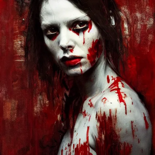 Prompt: portrait of the death angel, beautiful female face, angelic, dark, blood, by jeremy mann, by lucian freud, god rays, warrior face painting red, wings