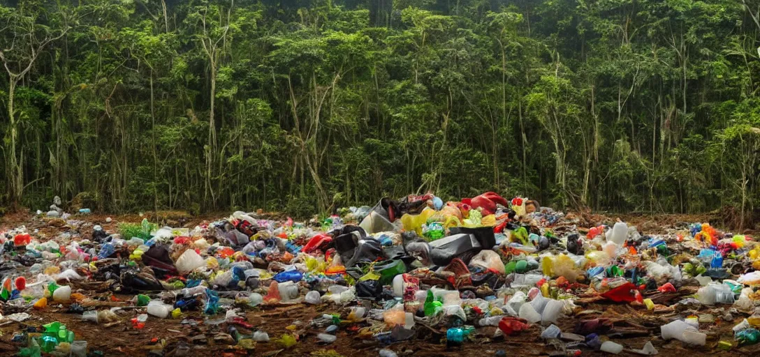 Image similar to a very high resolution image from a new movie. amazon forest landscape, garbage plastic, fast food,. photorealistic, photography, directed by anthony russo