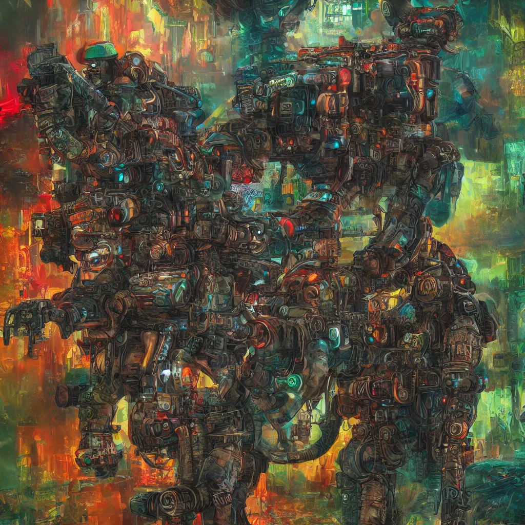 Prompt: war cyberpunk elephant with machine gun mounted in a vivid color jungle, 4 k, detailed, digital art