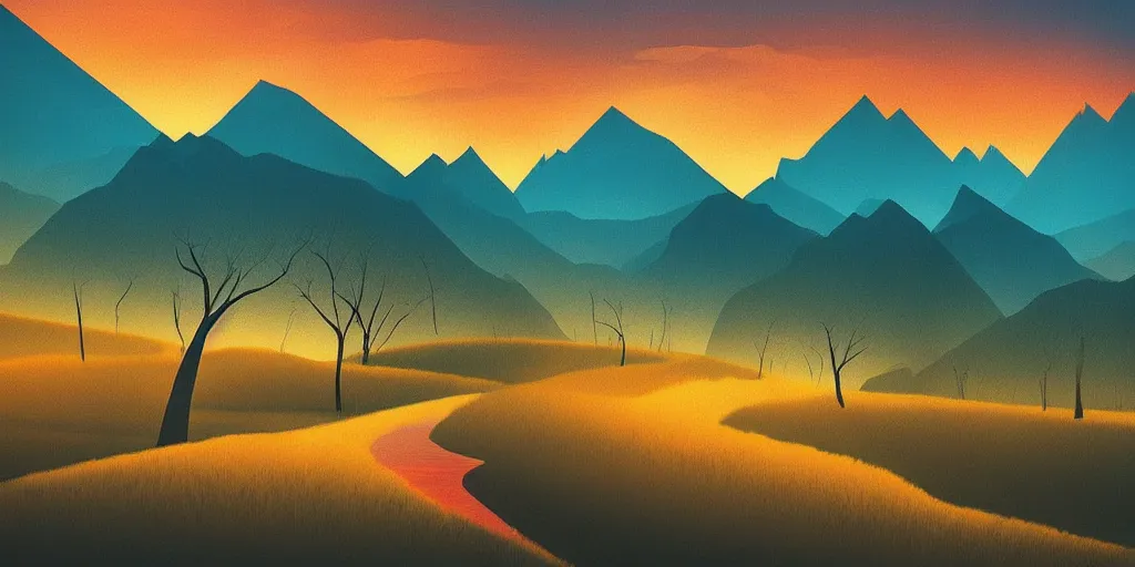 Image similar to a minimalist picture of a beautiful landscape, trees, stream, sunset, mountains, art by petros afshar