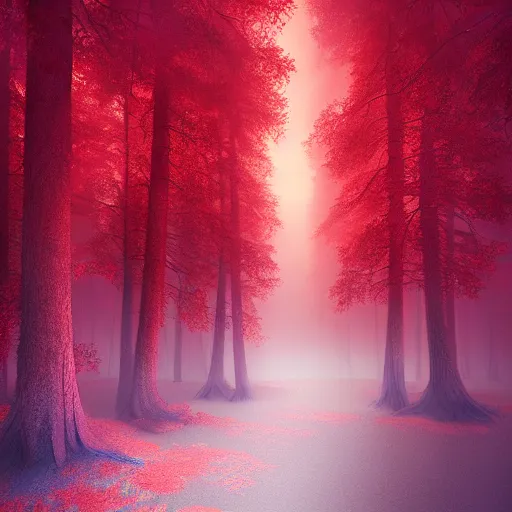 Image similar to mystic red forest, unreal engine, digital, artstation, detailed intricate illustration, heavenly atmosphere, digital art, overdetailed art, concept art, complementing colors, trending on artstation, cgstudio, the most beautiful image ever created, dramatic, subtle, details, award winning artwork, beautiful scenery