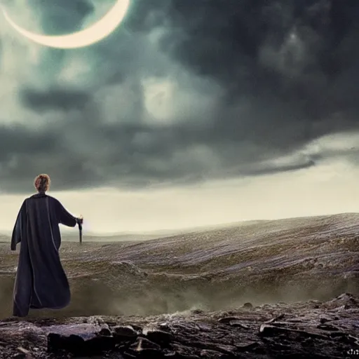 Image similar to Harry potter standing and casting a short wand, back view, thunderclouds, cinematic shot, wide shot, epic scale, waving robe movement, photorealistic detail and quality, intricate ground stone, magical sigils, floating particle effects, movie still, nighttime, crescent moon, sharp and clear, action shot, intense scene, visually coherent, symmetry, rule of thirds, movement, photorealistic colors, cool colors transitioning to warm colors, modest tone, award winning, directed by Steven Spielberg, Christopher Nolan, Tooth Wu, Asher Duran