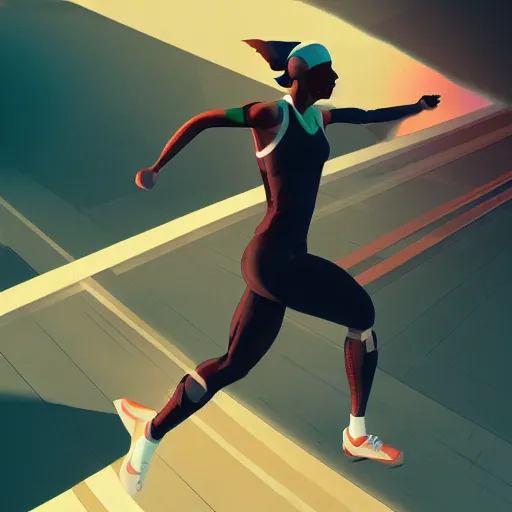 Prompt: Female athlete sprinter in a race with cyborg legs, cinematic stillframe, diesel punk, art deco stadium, artstation, contrasty, anime, otomo